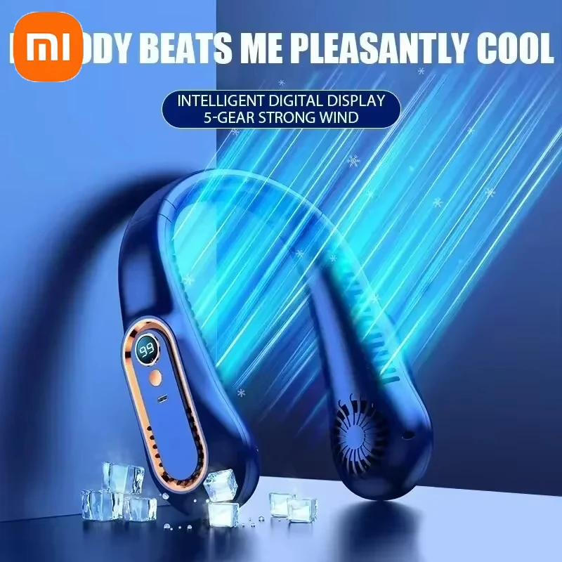 مروحة Xiaomi الجديدة للرقبة الصغيرة المحمولة الخالية من الشفرة، مروحة تبريد صغيرة قابلة لإعادة الشحن عبر USB رياضية مع 5 سرعات رياح وشاشة رقمية