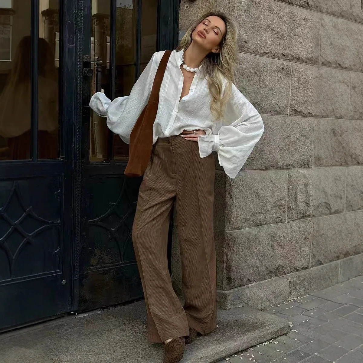 Autumn Winter Corduroy High Waist Thin Versatile Casual Loose Fashion Wear Lazy Style Wide Leg Pants Women Europe and America