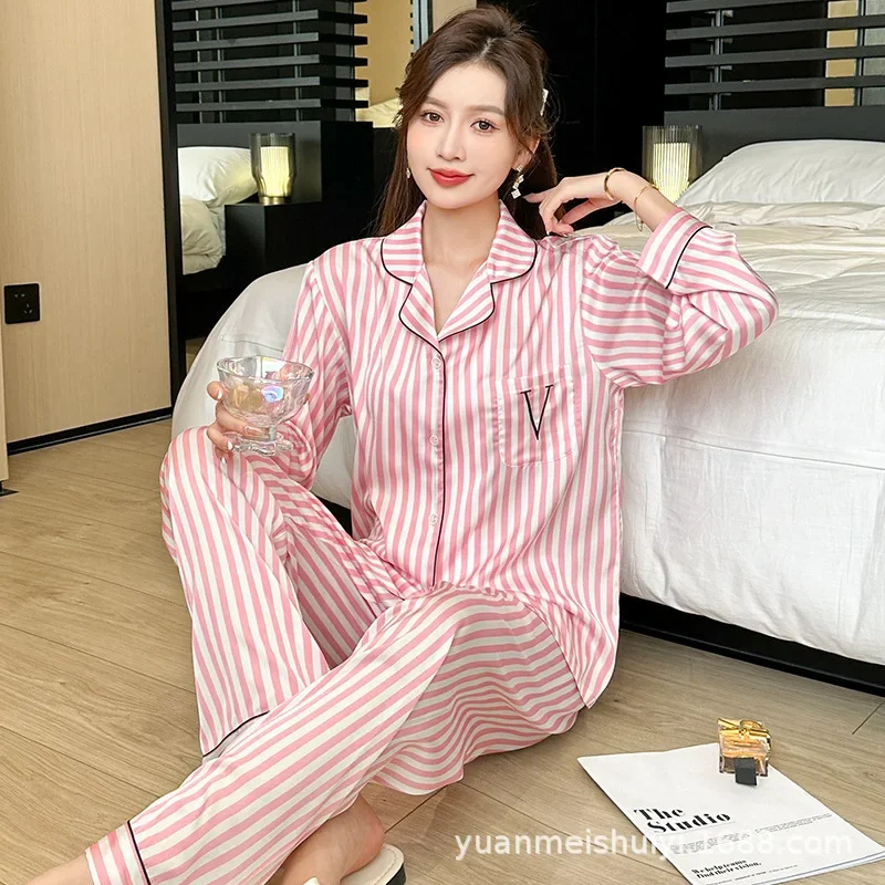 

Пижама женская новая домашняя одежда в ледяную полоску осенний Женский комплект с длинным рукавом Женская домашняя одежда на весну и осень