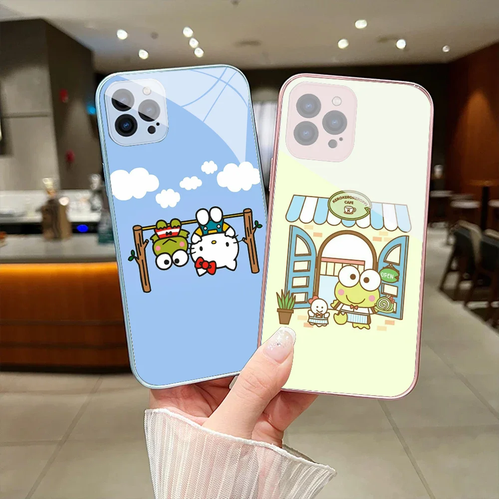 Sario K-Keroppi Phone Case For IPhone 15 14 13 12 Mini 11 Pro Max X XS XR 6 7 8 SE Plus Glass Hard Cover