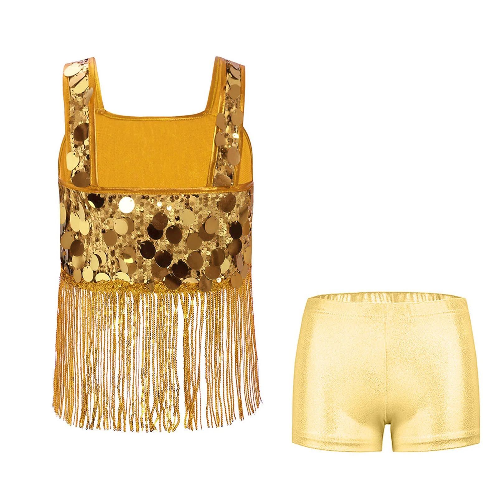 Jazzset voor meisjes, brede schouderbanden, glanzende paillettenkwastjes, crop-top met elastische tailleband, kort voor feestprestatiecompetitie