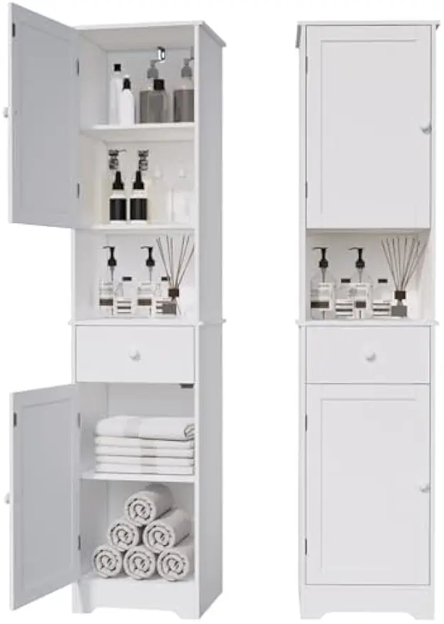 

Высокий шкаф для ванной комнаты, шкаф для хранения с 2 дверцами и 2 ящиками, с регулируемой полкой, для ванных комнат, кухонь, входа, спальни