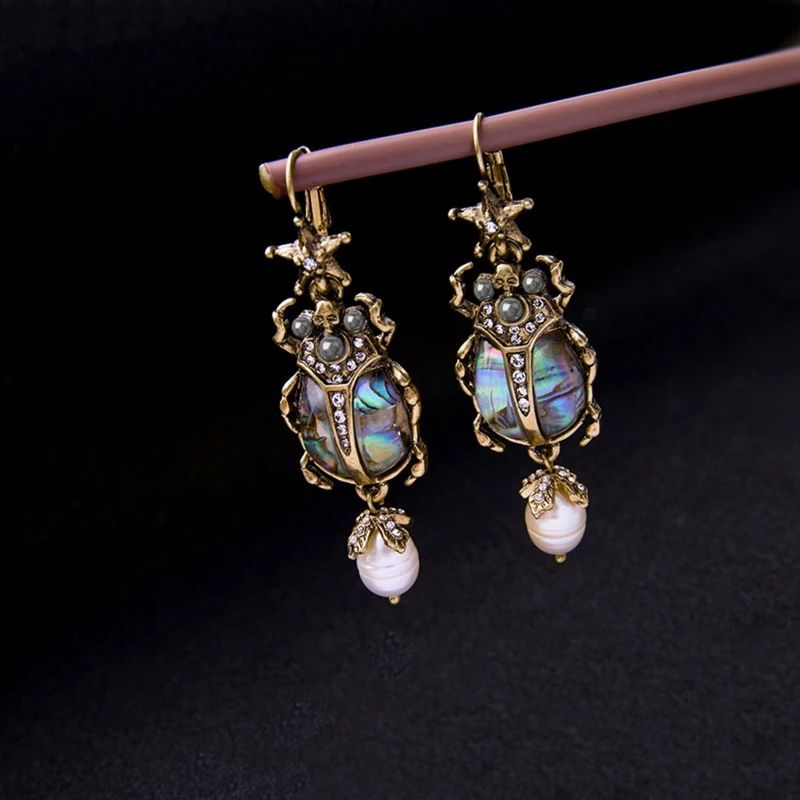 Bohemian Dangle Earrings Natural Abalone for Shell Earrings Freshwater Pearl Beetle Pendant Drop Earrings Jewelry for Wo