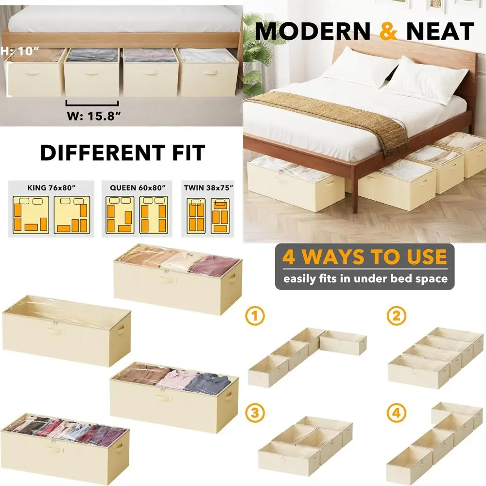 

10 High Under Bed Storage Boxes with Lids - Large Organizer Bins for Bedroom, Dorm, Clothes, and Bedding Storage (Beige)