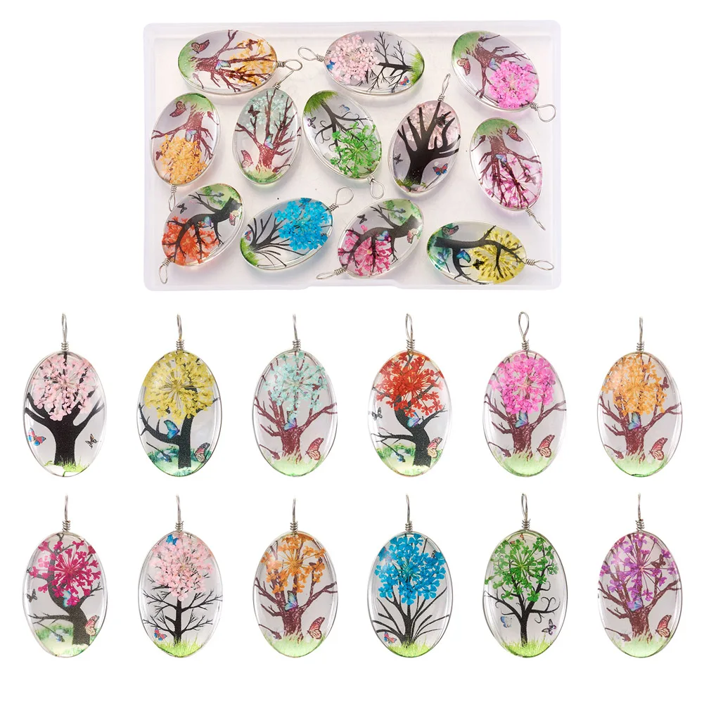 

12Pcs Transparent Glass Pendants Dried Flower inside and Stainless Steel Finding Oval, Mixed Color, 30x20x16mm, Hole: 5mm