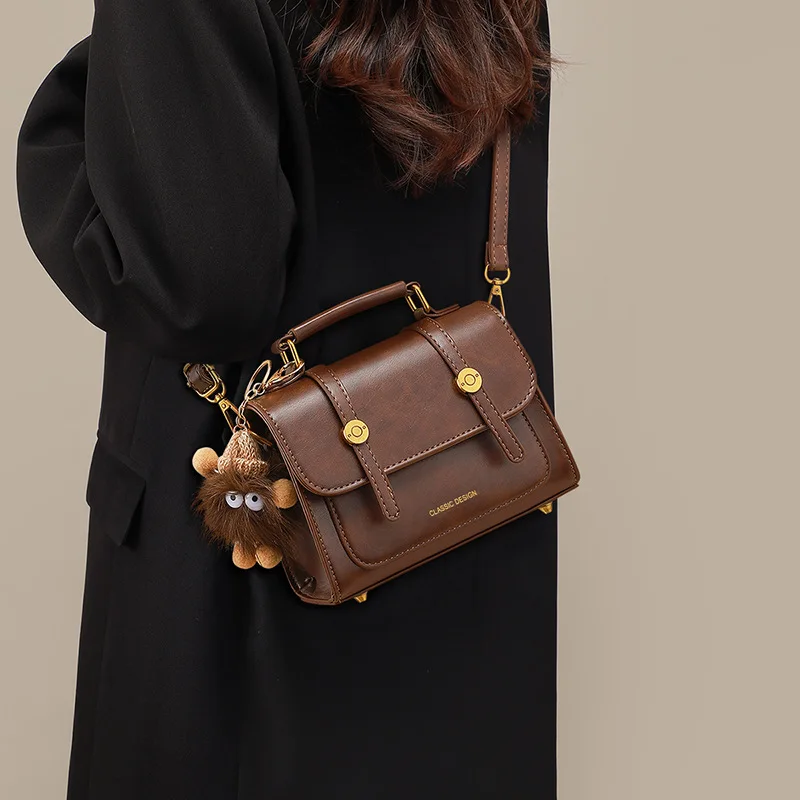 Women Brown Genuine Cowhide Leather Satchel Bag with Rivet Strap Retro Top Handle Handbag for Daily Work Travel