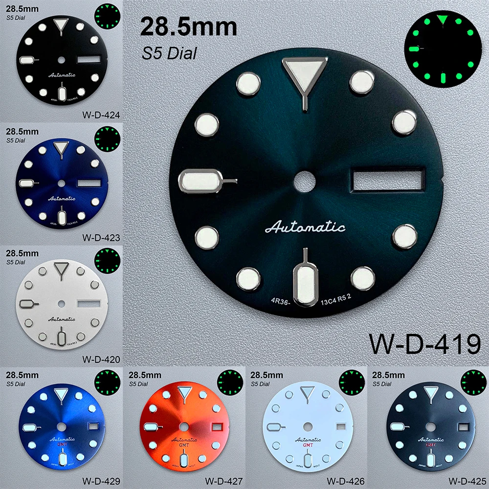 

28.5mm S5 Logo SKX007 Dial Fit NH36/4R36 Movement Green Luminous High-Quality Dual Calendar Dial Watch Modification Accessories