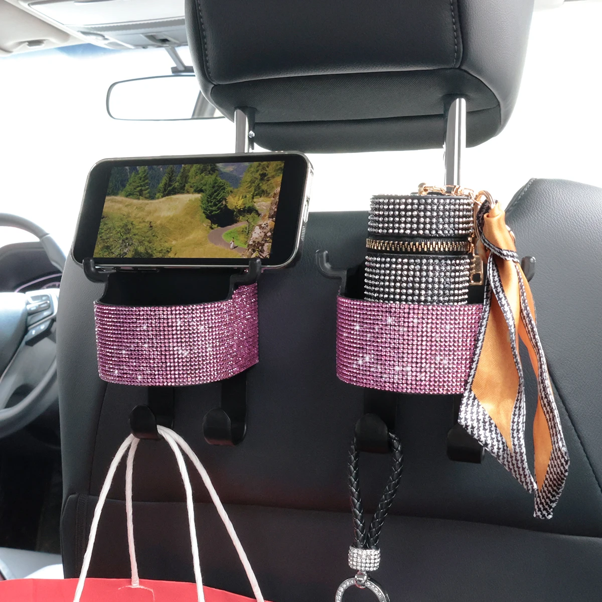 1pc New Rhinestone Multi-functional Car Seat Organiser with Cup Holder 2-in-1 Car Hooks with Easy Installation Hooks - Durable o