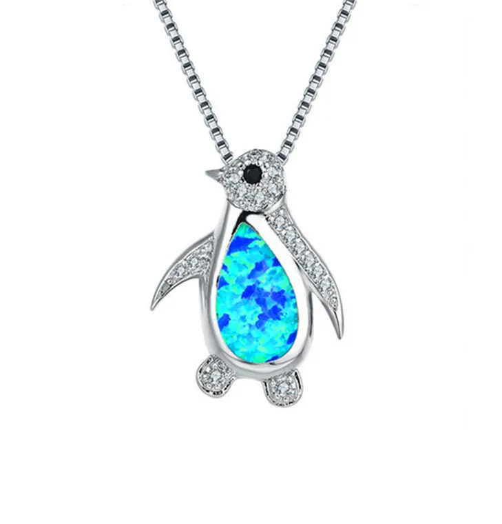 Fashion Lady Silver Penguin Blue Simulated Opal Pendant Necklace Wedding Jewelry