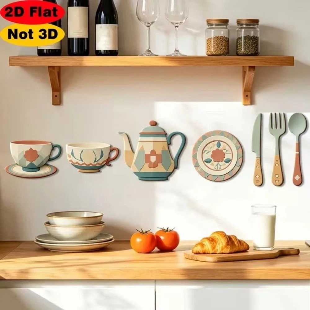 7Pcs Vintage Coffee Utensil Wooden Ornament Rustic Distressed Cup Pot Coffee Bean Coffee Wall Sticker Hangings Spoon Fork