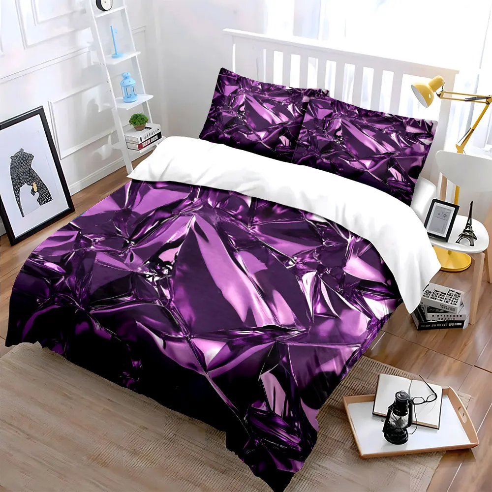 3Pcs Purple Foil Bedding Set, Crinkled Metallic Purple Foil Texture Print Duvet Cover + 2 Pillowcases, Luxe Decor
