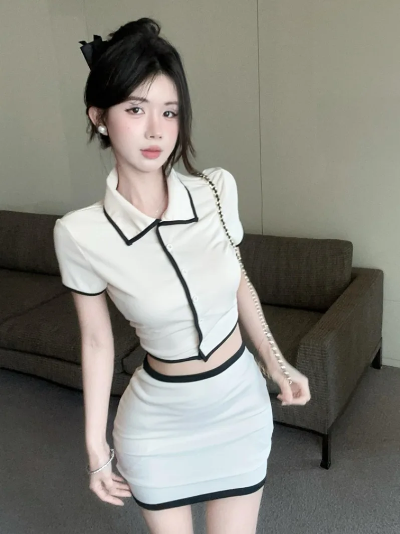 

Summer Sexy Fashion Set Dress Women Pure Desire Collar Top Matching Skirt Two Piece Set Short Sleeve Slim Fit Adult Women
