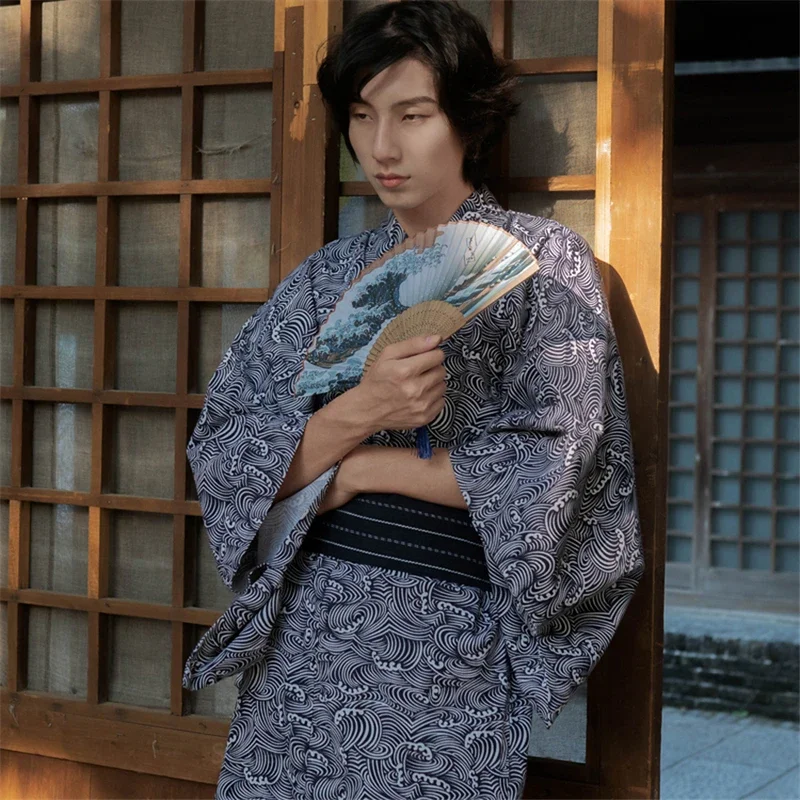 Japanese Kimono Style Fashion Patterned Floral Yukata Men with Belt Haori High Quality Casual Leisure Traditional Kimono Clothes