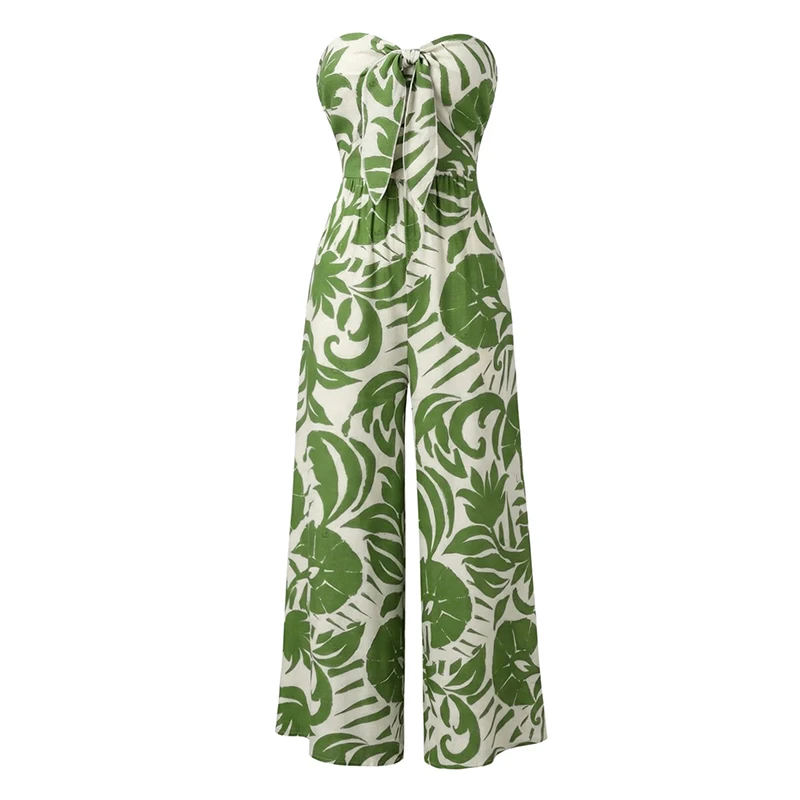 Nuova Tuta Da Donna Dressfo Per Vacanze Con Stampa Botanica A Foglie, Fiocco E Spalle Scoperte, Gamba Larga-image