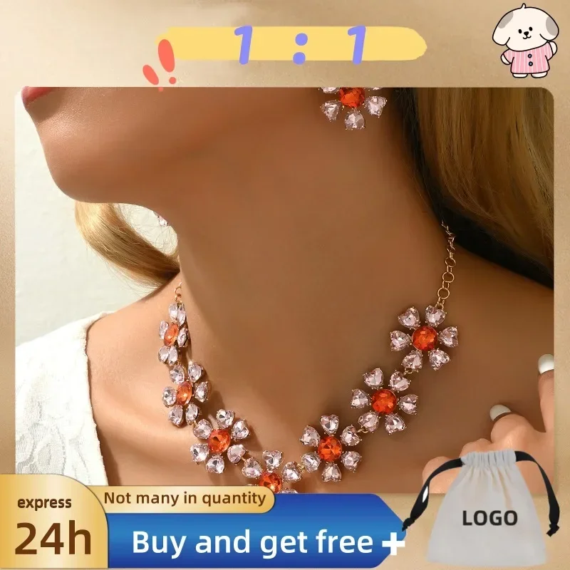 

Cross Border Fashion OL Necklace Earrings with Simple Inlay Zircon Peach Heart Collarbone Chain Ins