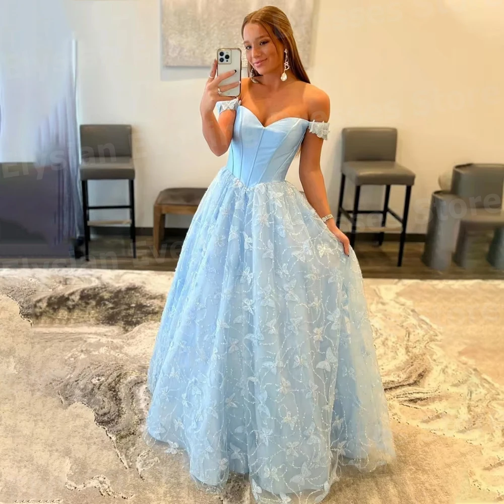 

Graceful Women's A Line Off The Shoulder Evening Dresses Customized Robe De Soirée Prom Gowns Lace Appliques Vestidos Para Mujer