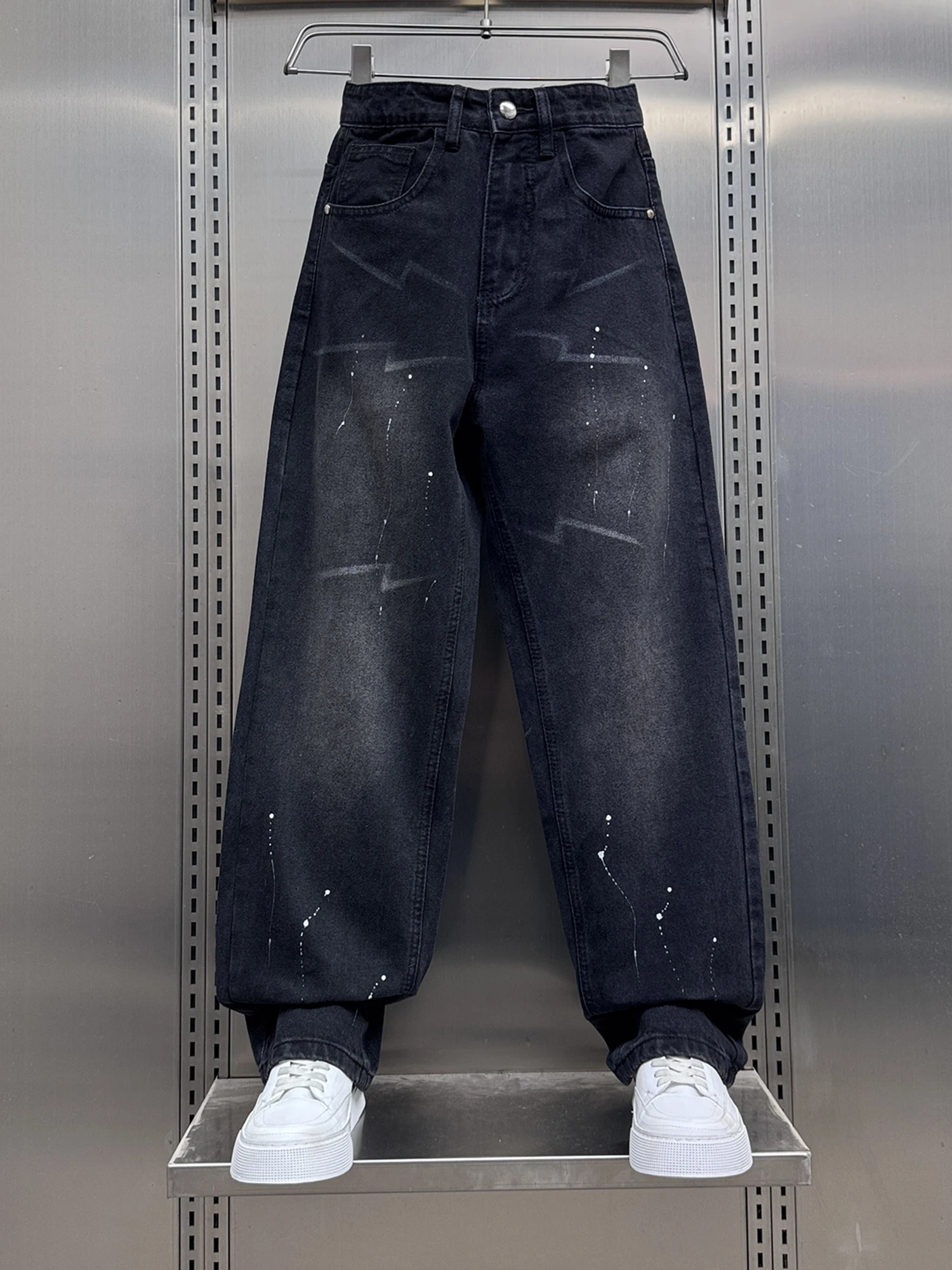 

Мужские джинсы в стиле ретро American Washed Drip Paint, свободные повседневные прямые брюки, весна 2026, новинка, свободный крой, классический синий цвет