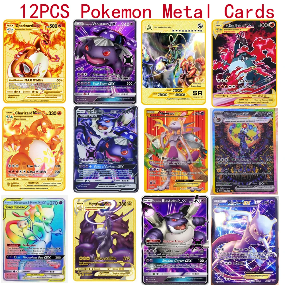 Poké Vmax GX V Poke English Metal Card Anime Charizard Mewtwo Blastoise Shiny Letters Game Collection Card Kid Toy Gift