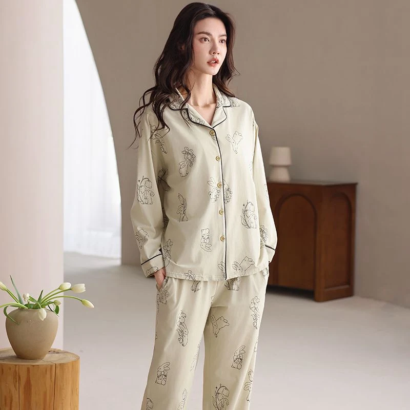 

Весна 2025 года, пижамный комплект из 100% хлопка с длинными рукавами и принтом для женщин, корейская свободная одежда для сна, домашняя одежда, Pijama Mujer, домашняя одежда