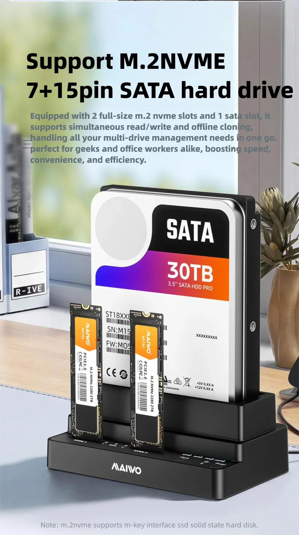 MAIWO 3-Bay Dockingstation Adapter 10Gbps für M.2 NVME SSD & 2,5 3,5 Zoll SATA HDD SSD Unterstützt Offline-Klonen für PC Laptop – Detail 4