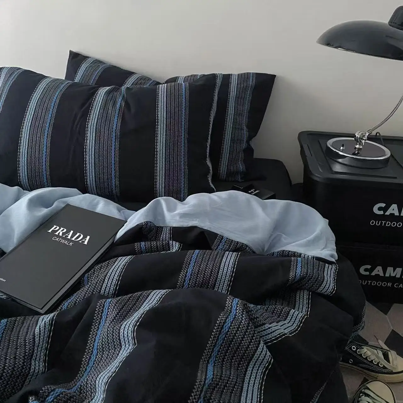 Blue Black Strip Duvet Cover Set with Zipper No Filler Nordic Bed Flat Sheet Pillowcases Single Double Size Girl Boy Bedding Set