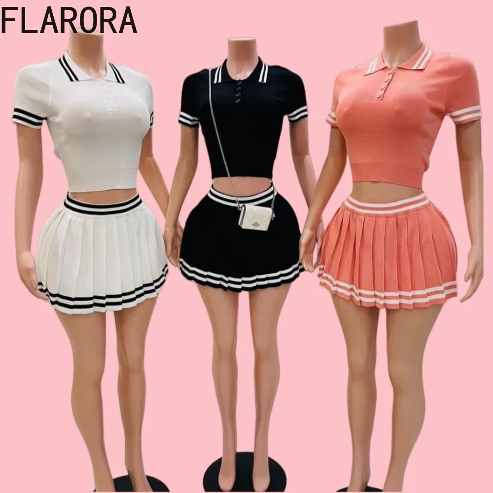 FLARORA Fashion College Style Stripe Splicing Pleated Mini Skirts Two Piece Sets Y2k Woman Polo-collar Tops And Skirts Outfits