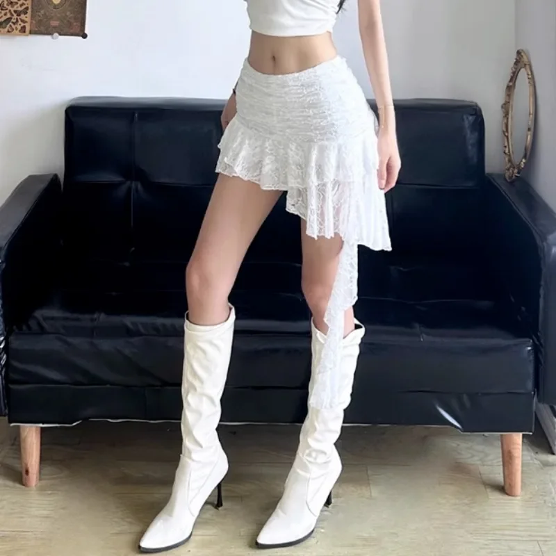 

Новая летняя кружевная асимметричная белая юбка с низкой талией, тонкая мини-юбка трапециевидной формы с лентой, сексуальный наряд для девочек