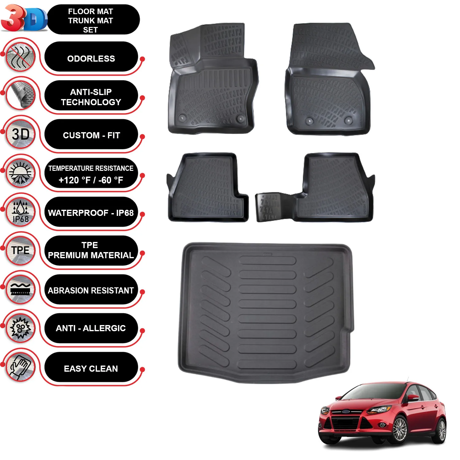 Ford Focus 3 HB - (2011-2014) - Floor Mats + Cargo Trunk Liner - SET - (Black)