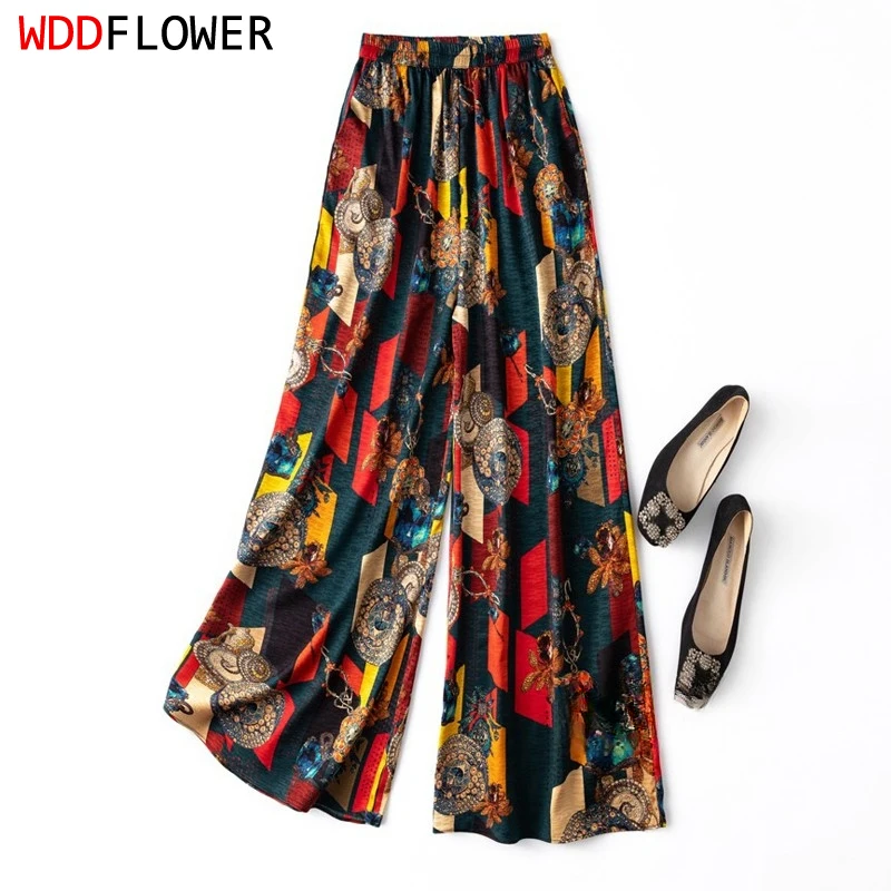 Women Pants Mulberry Silk 20 momme Jacquard POP Classical Pocket Wide Leg Fashion Long Trousers Elastic Waist M1145