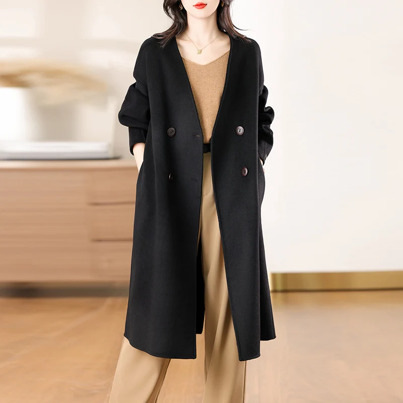 2024 Autumn and Winter New V-neck Double-Sided Woolen 100% Pure Wool Coat Women's Long Loose Casual Jacket