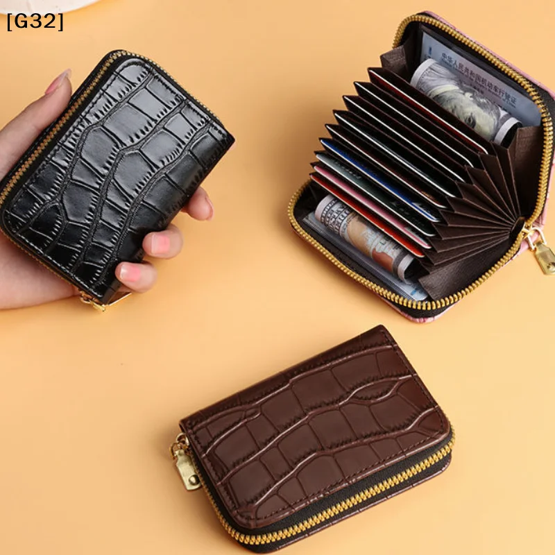 Leather Card Holder Wallet With Multiple Accordion-style Slots Zipper Closure For Daily Use Travel Shopping【G32】