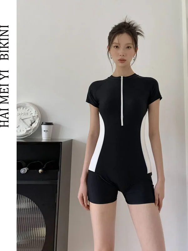 Hamiyi New One-Piece Swimsuit Women Student Small Chest Conservative Sports Briefs Slimming Belly Covering Hot Spring Swimmin...