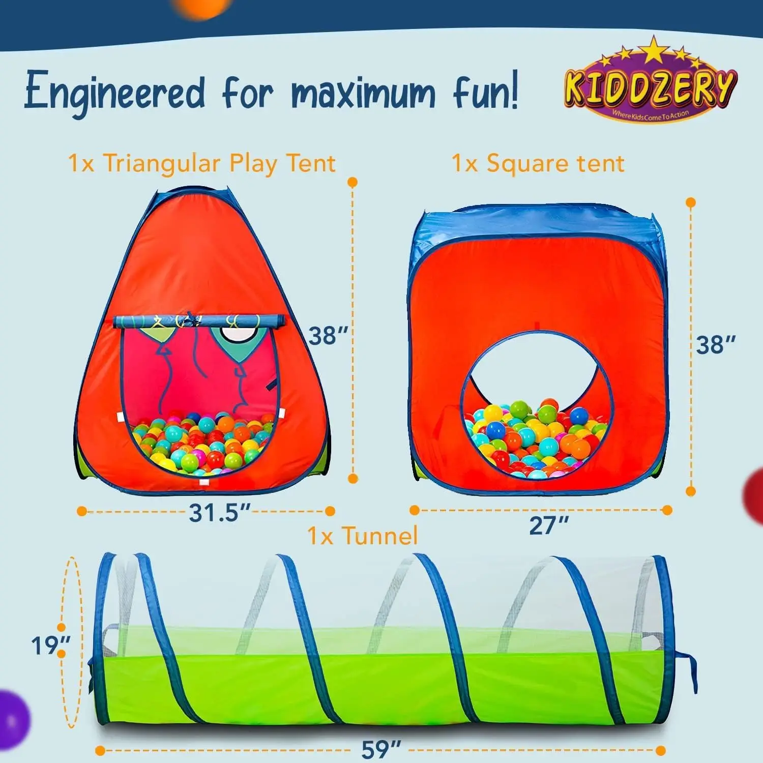 Tienda de juegos para niños con 50 pelotas, combinación de túnel y piscina de pelotas de 3 piezas, juego emergente para interiores/exteriores con paneles de malla y bolsa de transporte
