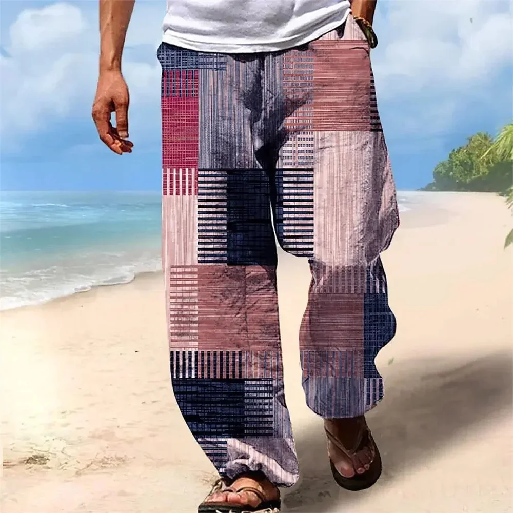 Men's Casual Pants Handsome Patchwork Square Print Daily Breathable Bamboo Hemp men's Trousers Large Size Fashion Straight Pants
