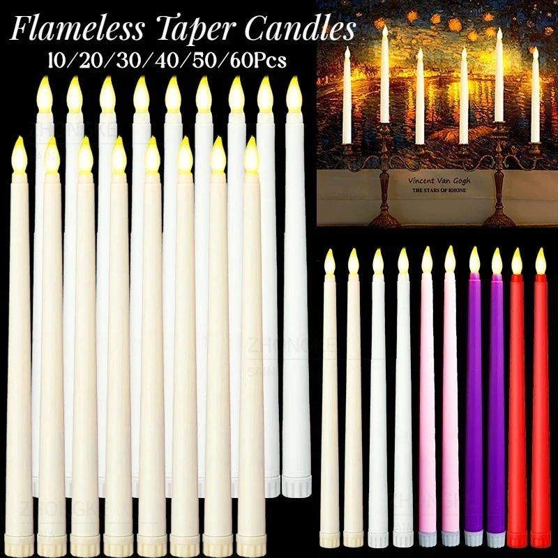 

10-60Pcs Flameless Taper Candles Wedding Artificial LED Candles Battery Powered Candle Lights Flickering Wedding Home Decor