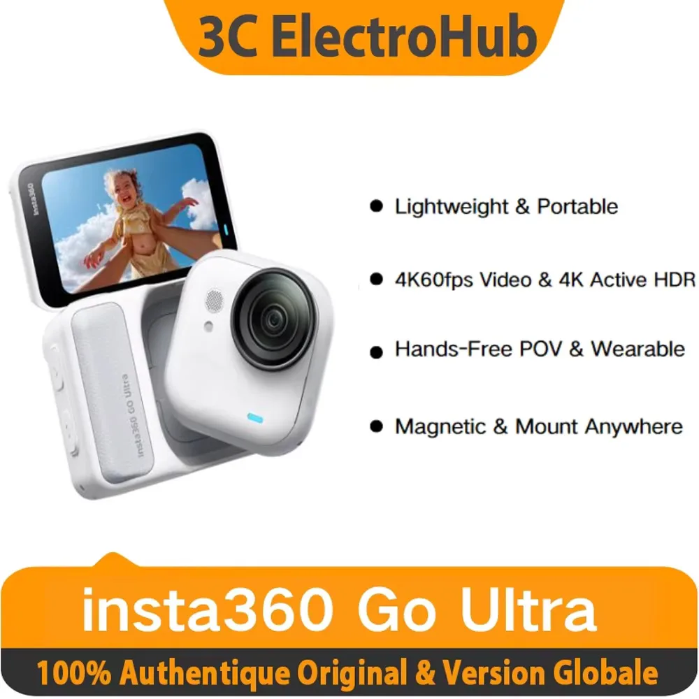 Insta360 GO Ultra - Mini caméra mains libres 4K 60 ips, légère, batterie 200 min, étanche 10 m, ultra-légère 53 g, champ de visi