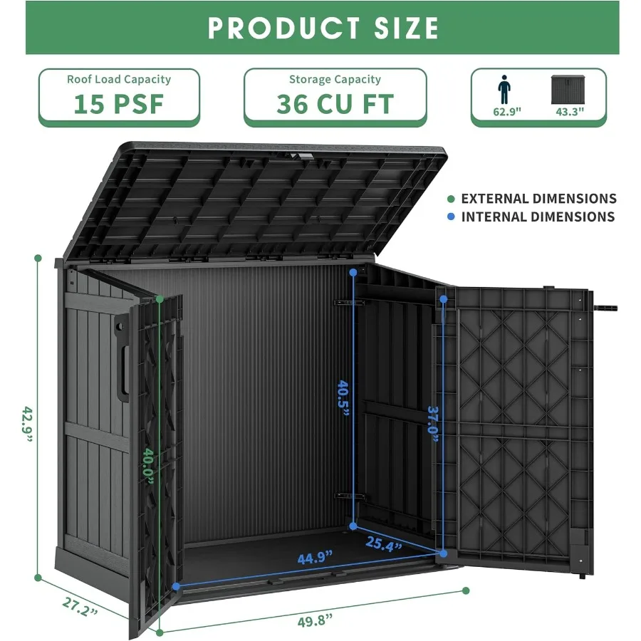 Outdoor storage cabinet for garage, patio, backyard: 36 cu ft, weatherproof polyethylene, gray, dual lockable doors and built-i