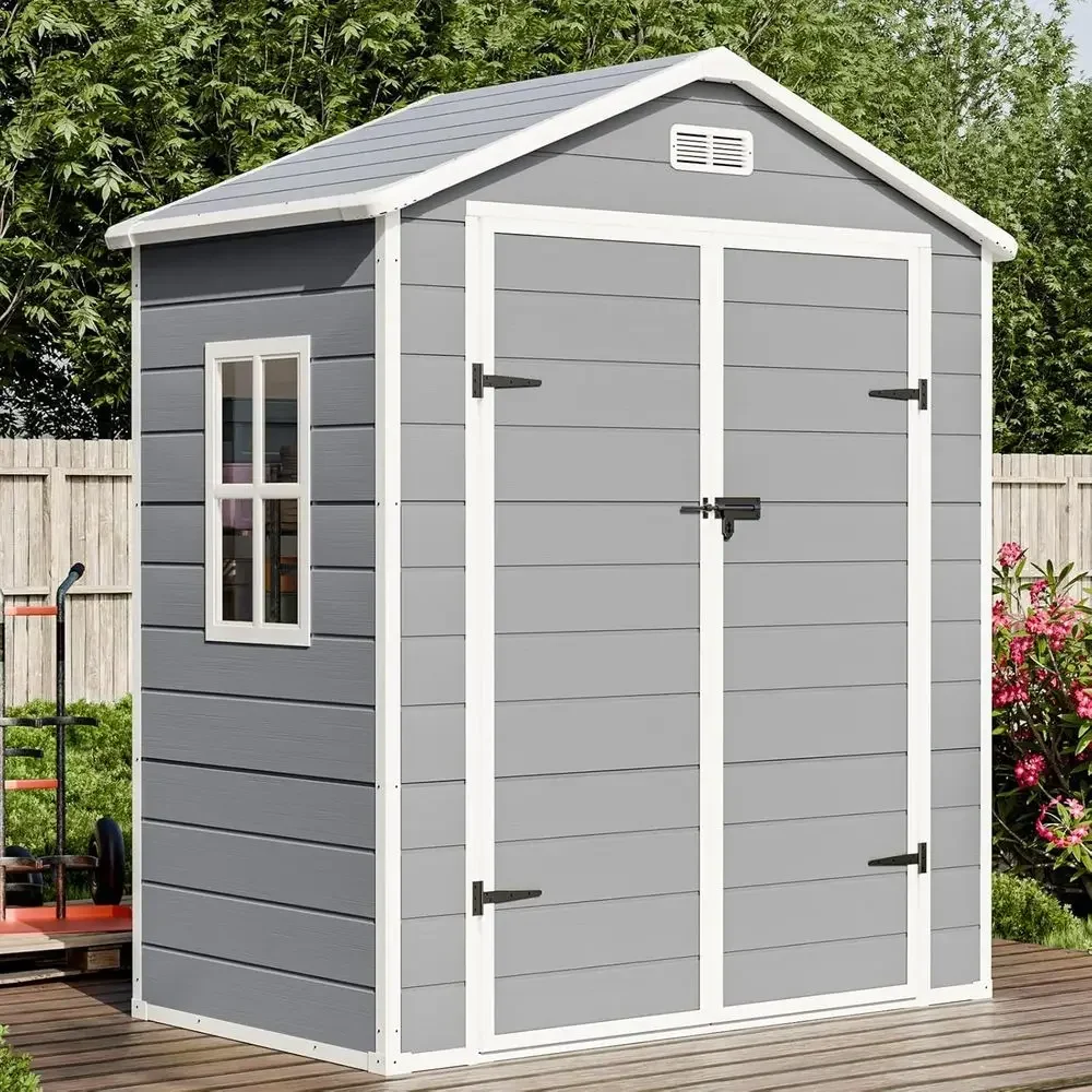 6x3 FT Outdoor Storage Shed with Floor, Window, Double Lock, 2 Vents - Grey