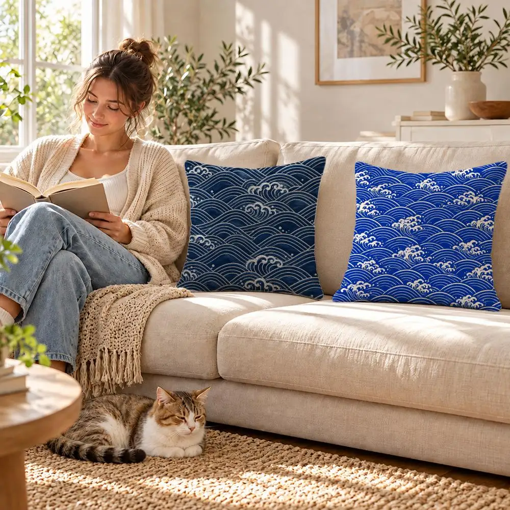 Beautiful Seigaiha Ocean Wave Pattern Cushion Cover Short Plush Pillowcase, Sofa Bedroom Home Decor, Ideal Holiday Gift