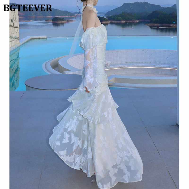 BGTEEVER Vintage Slim Waist Butterfly Jacquard Party Dress for Women Summer Elegant Ruffles Long Sleeve Female Strapless Dress