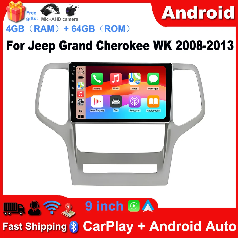 Car Stereo Radio 9-inch Touchscreen Android 15 GPS Navigation 4+64G for Jeep Grand Cherokee WK 2008-2013 Car Player Fit for Carplay and Android Auto WiFi Bluetooth SWC RDS/FM Radio