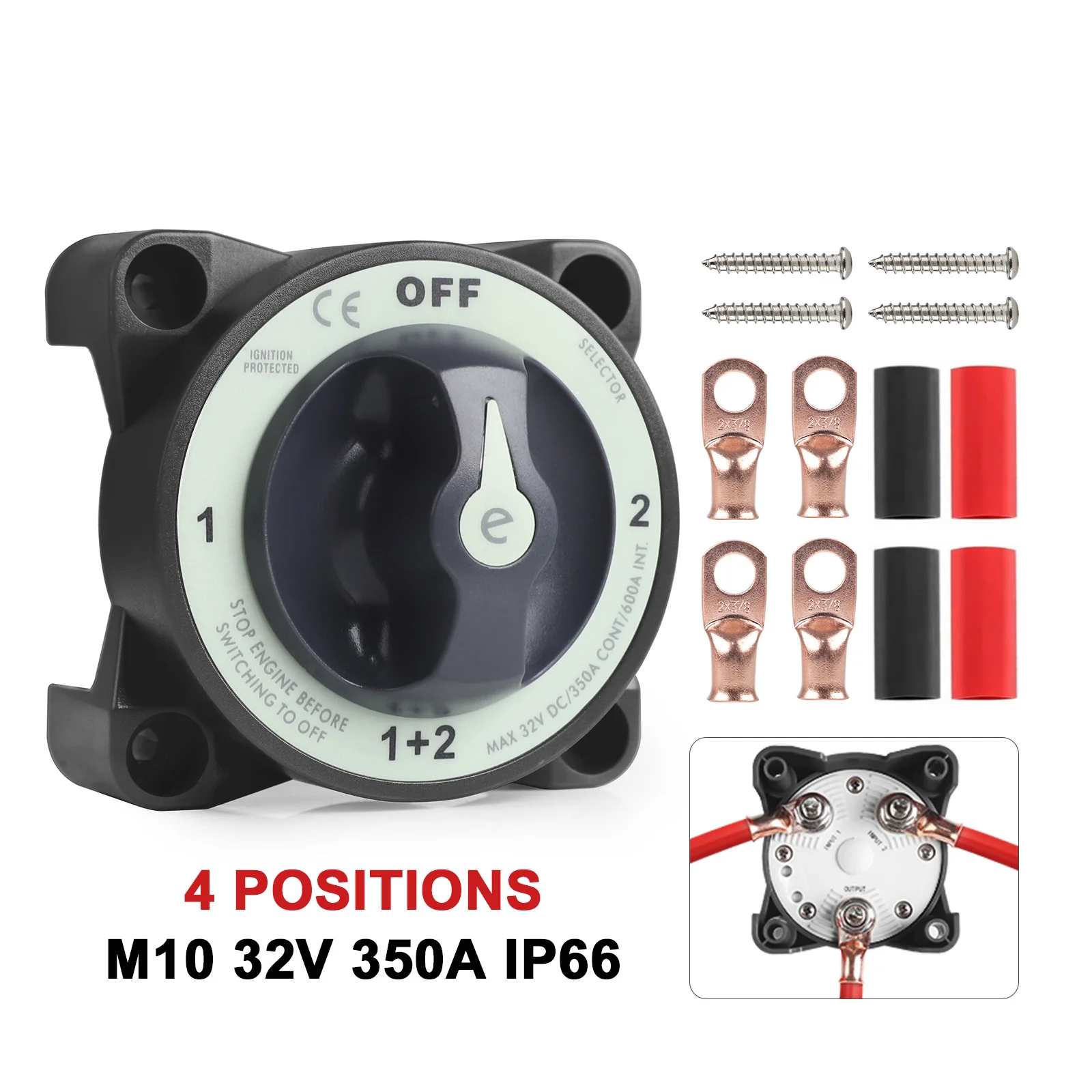 

Для кемпера, грузовика, лодки, шпилька M10, автомобильный изолятор, резак для аккумуляторной батареи, 4 положения, 32 В, 350 А, комплект выбора переключателя аккумулятора серии E