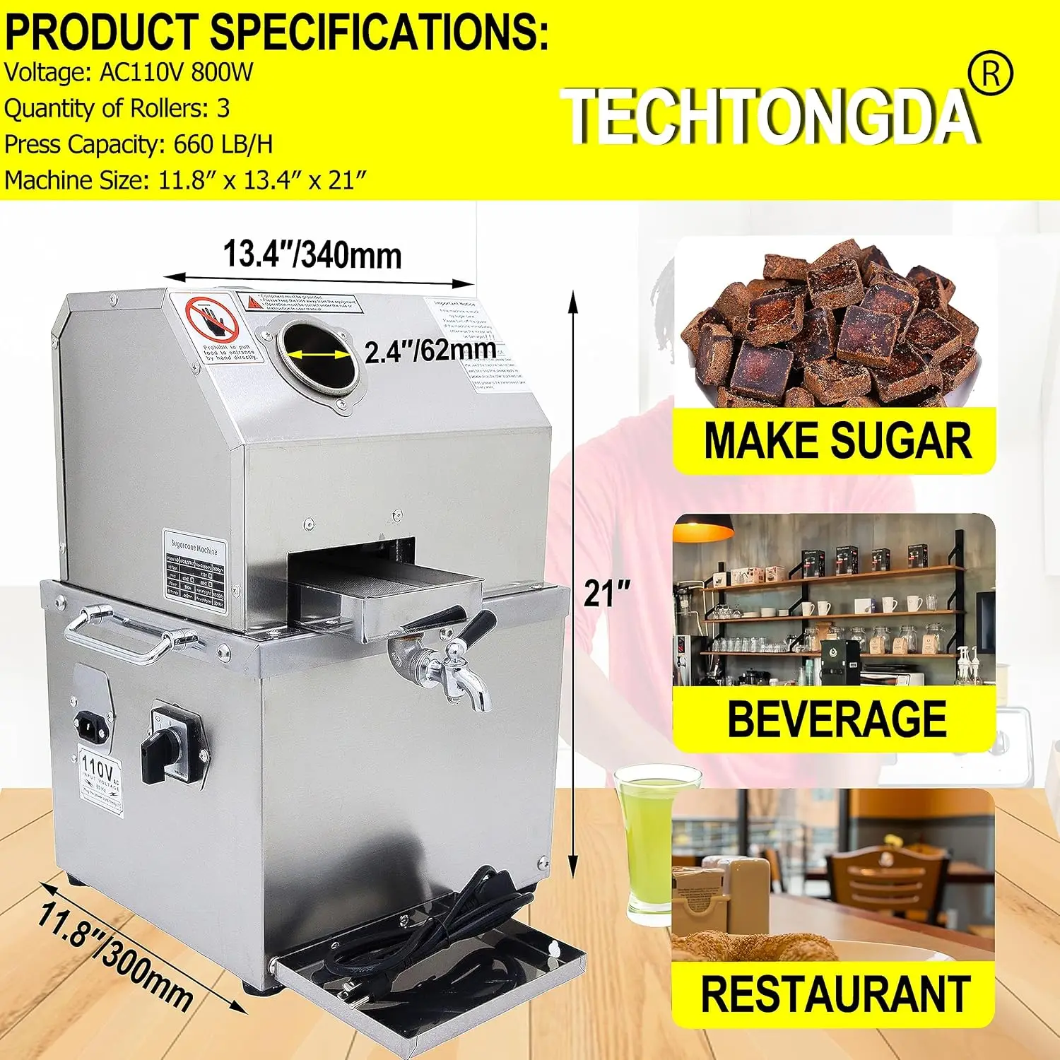 110V Electric Sugar Cane Juicer Press Machine Sugarcane Juice Extractor Ginger Sweet Sorghum Press with 304 Stainless Steel Roll