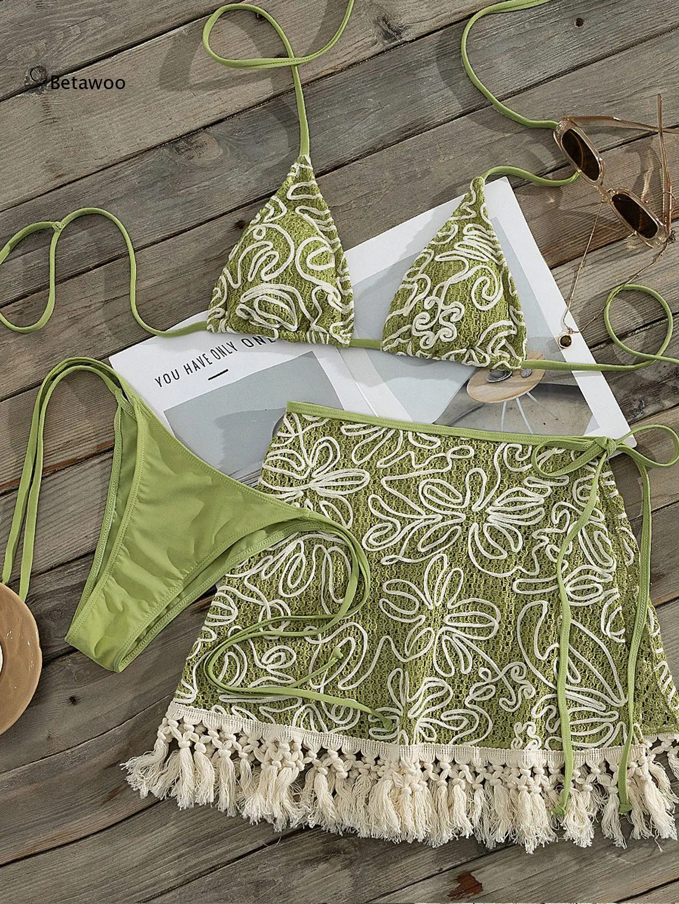 Summer Vacation Three Piece Bikini For Women Halter Triangle Design Embroidered Tassel Skirt For Beach And Pool Outfits