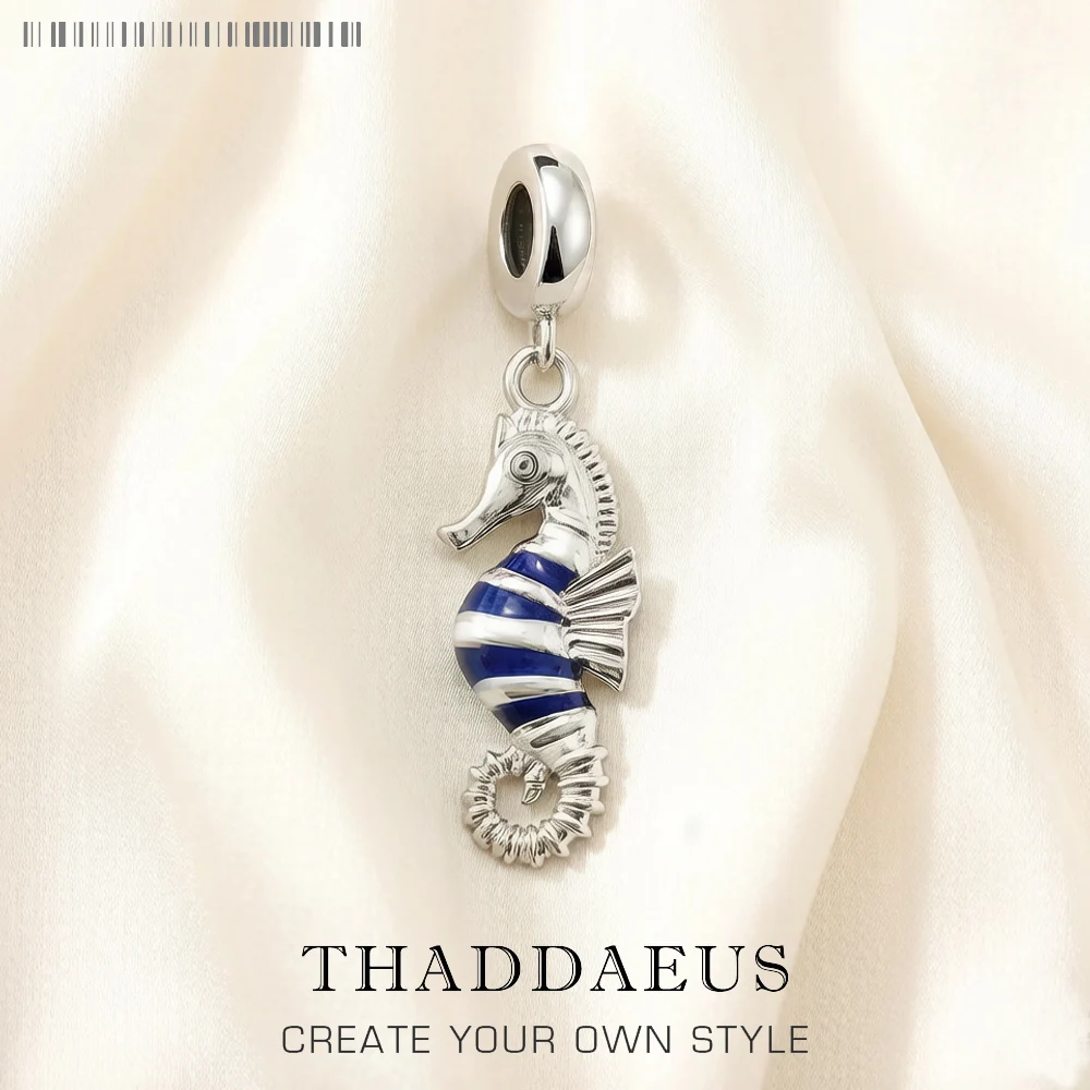Real 925 Sterling Silver Bead Blue Enamel Tropical Seahorse Pendant Charm For Women Men DIY Jewelry