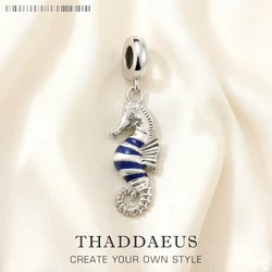 Real 925 Sterling Silver Bead Blue Enamel Tropical Seahorse Pendant Charm For Women Men DIY Jewelry