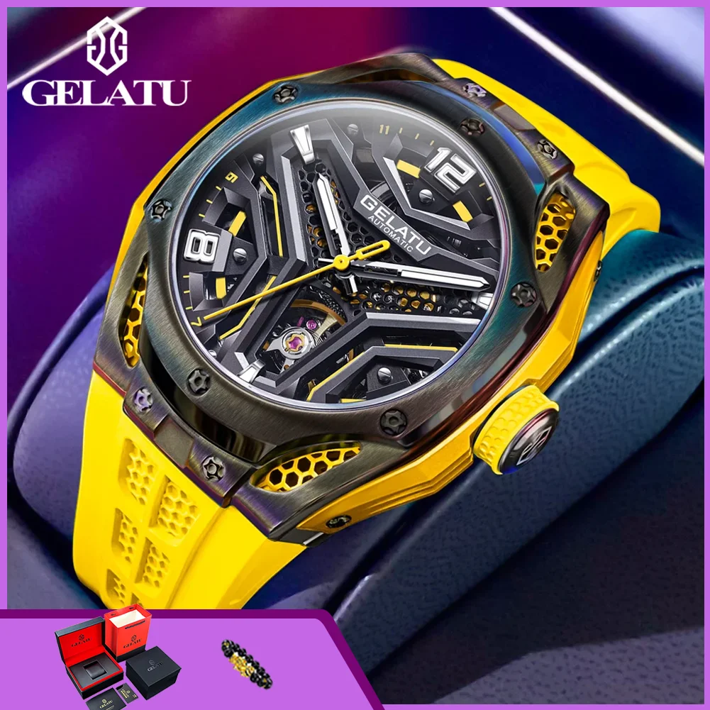 

Мужские автоматические часы GELATU 6007 Skeleton с силиконовым ремешком, водонепроницаемые, светящиеся, механические наручные часы