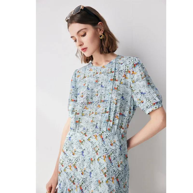 100% Mulberry Silk Women's Dresses Printing Elegant Dresses Luxury Women Clothing O-neck Summer Dress New 2024 Vestidos Mujer