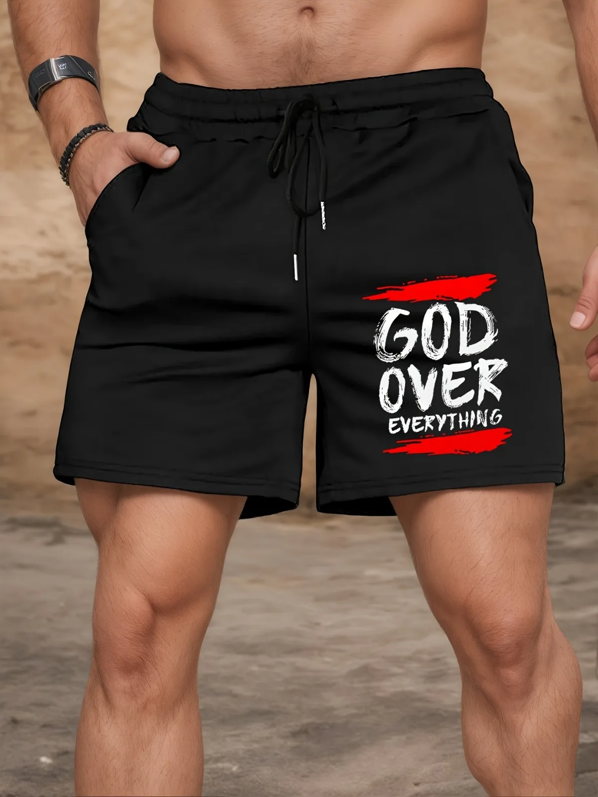 

Men's High Street Patterned Sports Shorts with Bold "GOD OVER EVERYTING" Design Suitable for Gym Running Training Casual Wear
