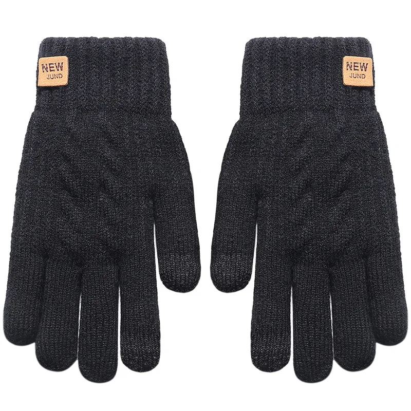 Women Winter Thickened Double Layer Knitted Gloves Wholesale Plus Velvet Cold Proof and Warm Solid Color Touch Screen Gloves